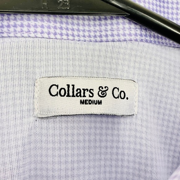 NEW Collars & Co Men's Medium Dress Collar Polo Purple Micro Check Short Sleeve - Picture 2 of 6